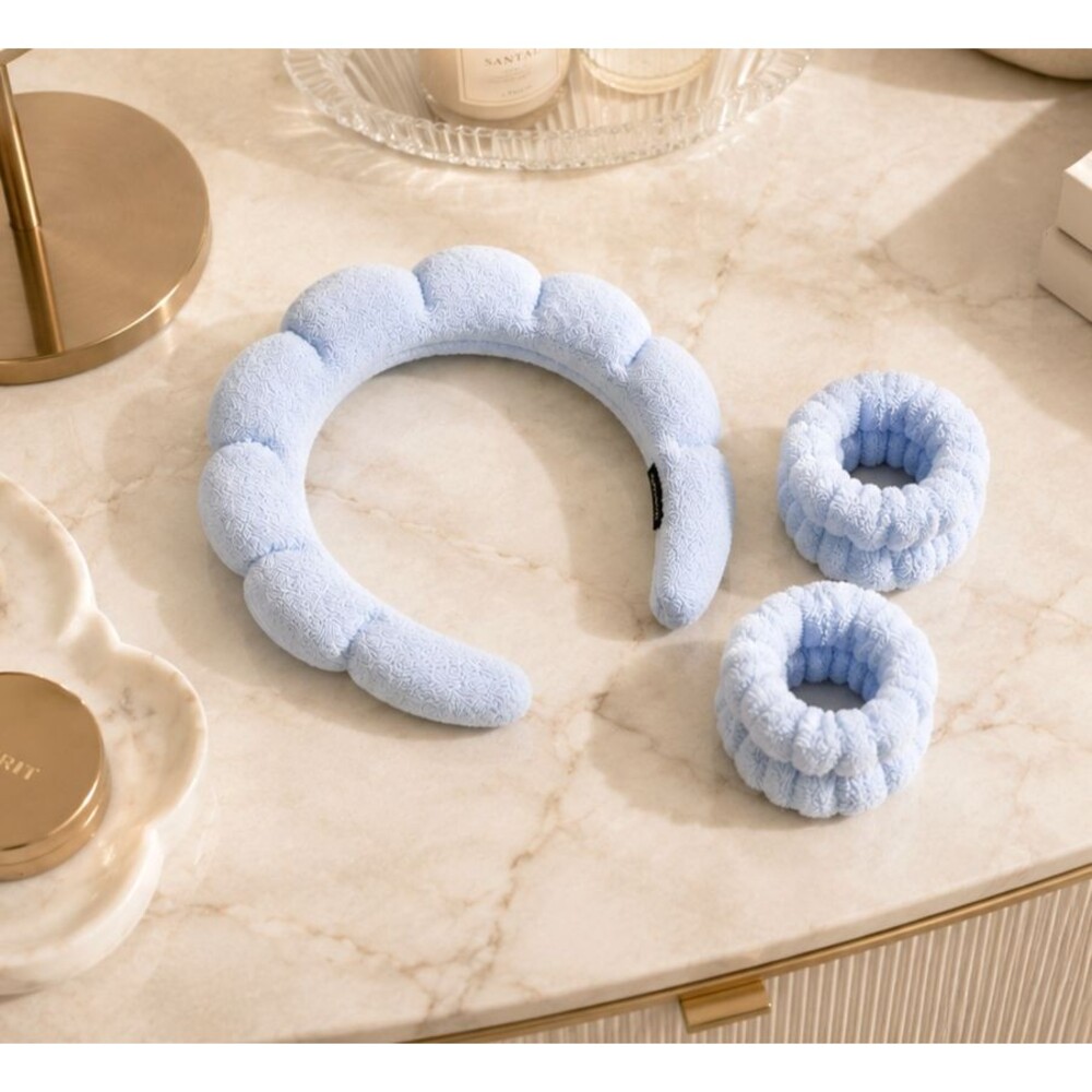Blue Puffy Spa Headband & Wrist Wash Band Set Terry Cloth Skincare Makeup NEW